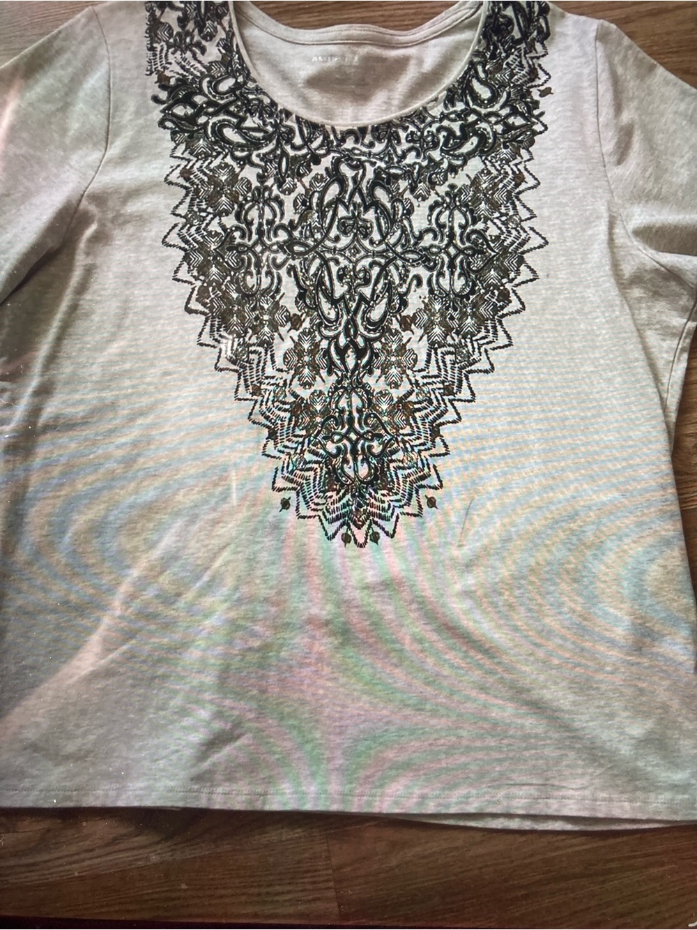 Allison Daley Embellished Crewneck Long Sleeve Top Petite L NWT - Olive Scroll